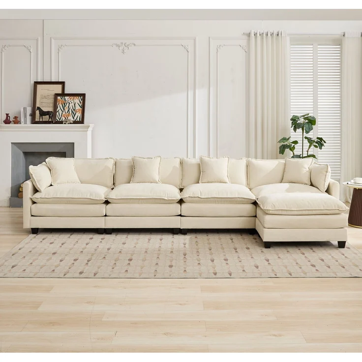 ZUBALIYA Sofa mit LED - Beleuchtung, mit Chenille - Bezug, mit Cordbezug, modular aufgebaut, aus Chenille, Beige – Bild 6