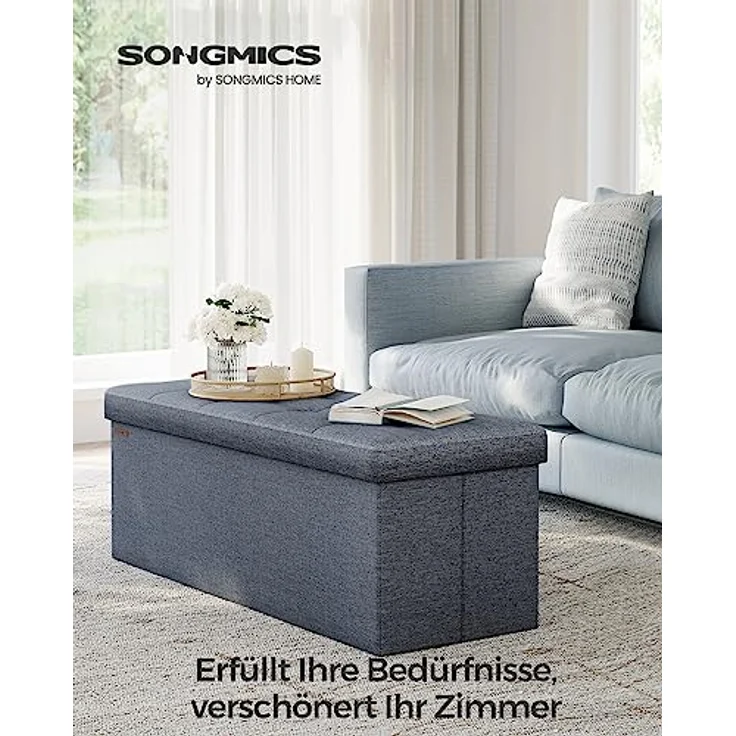 Songmics 110 cm Sitzbank mit Stauraum, klappbare Sitztruhe, Aufbewahrungsbox, Fußbank, helldenimblau LSF077Q01 – Bild 4