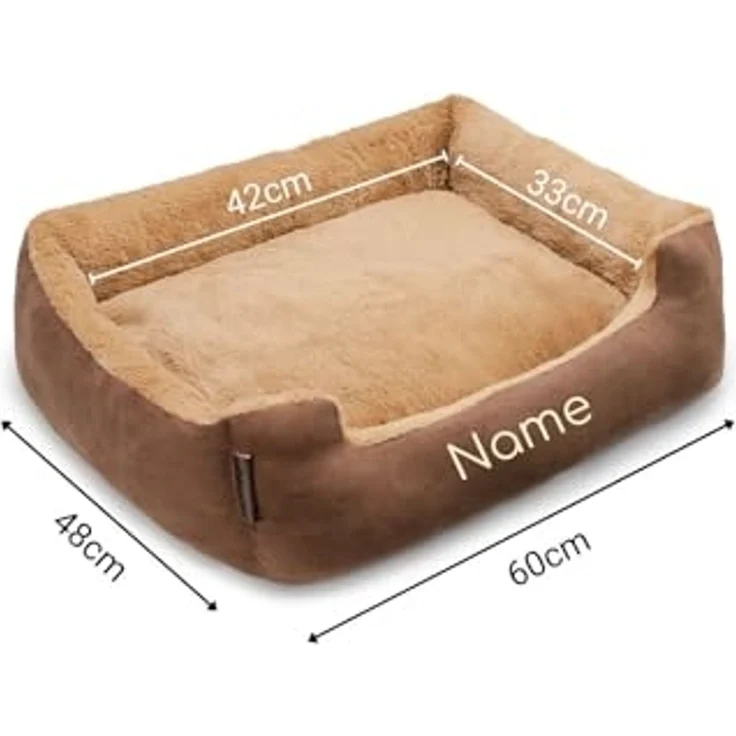 lionto Hundebett mit Wendekissen und Rutschfester Unterseite, Heimtierkissen mit tiefem Einstieg für Hunde und Katzen jeden Alters, 60x48 cm, kuscheliges Hundekissen, braun/beige (Namensaufdruck) – Bild 5