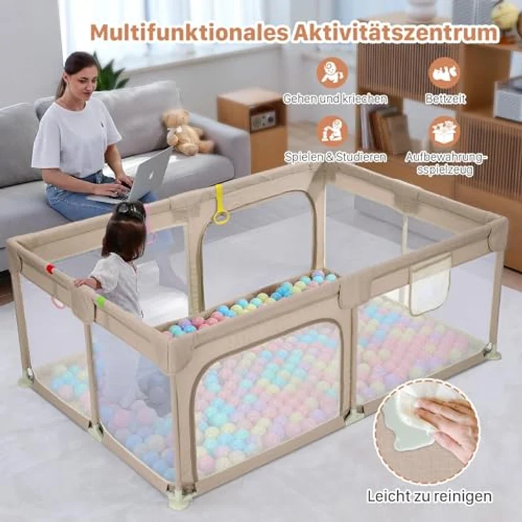 Dripex Laufgitter Laufgitter Laufgitter aus nachhaltigem Leinenstoff Laufgitter 120x180 cm XXL Kinderlaufgitter Großer Sicherheitsbereich mit 5 Laufgitterringen braun – Bild 7