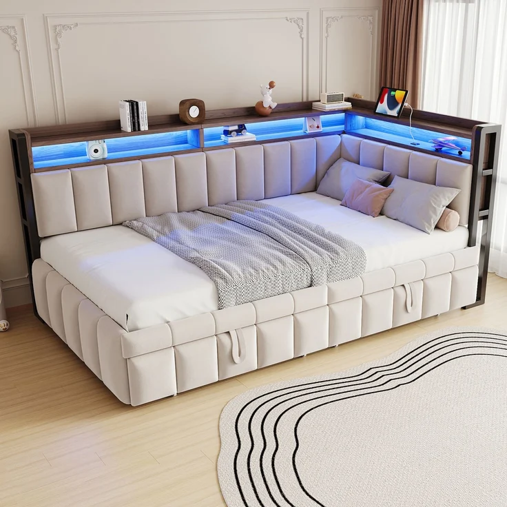 Ausziehbett mit Liegefläche 90×200 cm und Auszug 90×190 cm, LED-Beleuchtung, Beige, ohne Matratze – Bild 2
