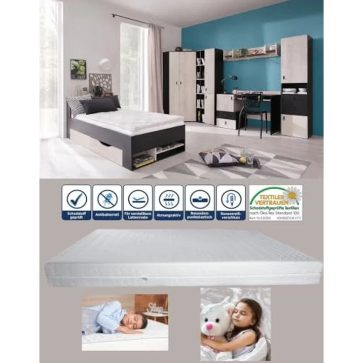 Jugendzimmer Spuki in Schwarz, Eiche & Beige in 4 Varianten oder als Einzelmöbel - 8 teilig , Eckkleiderschrank + Regalschrank groß + Schreibtisch + Wandregal 1 + Standregal + Jugendbett 90x200cm mit belüfteter Matratzenauflage + Matratze – Bild 2
