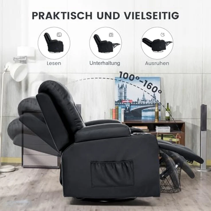 COMHOMA Relaxsessel Fernsehsessel mit verstellbarer Rückenlehne und Fußstütze,360°drehbarer Loungesessel aus PU-Leder mit Getränkehaltern und Seitentaschen,ergonomische Ganzkörperunterstützung,Schwarz – Bild 5