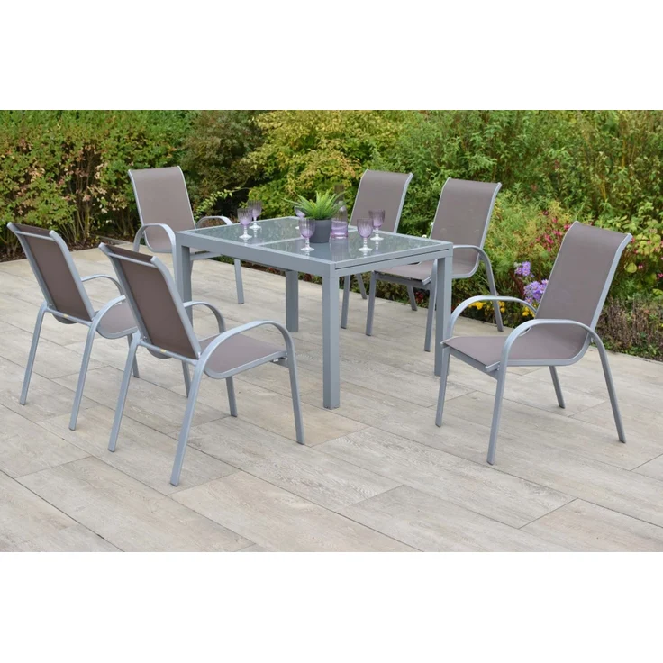 Amalfi Gartenmöbel Set 7tlg, 6 Stapelsessel, Ausziehtisch 160 (220) x 90 cm, Aluminium/Textil – Bild 3