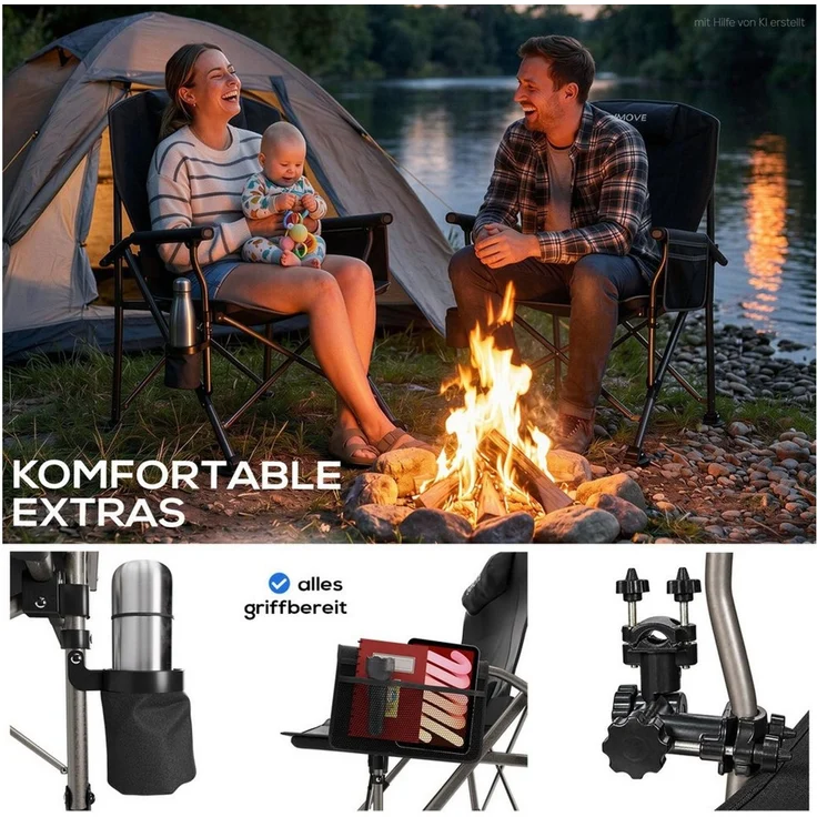 24Move Angelstuhl Campingstuhl Anglerstuhl faltbar inkl. Tragetasche, bis 150kg, inkl. Universalhalter und Getränkehalter, schwarz – Bild 4