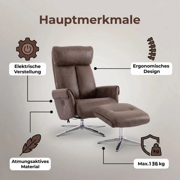 Happy Home Relaxsessel Elektrischer Relaxsessel mit Hocker – USB, 360° drehbar, Kunstleder – Bild 4