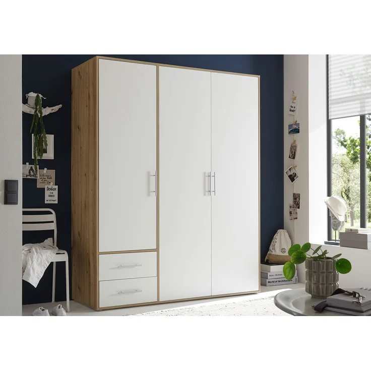 Drehtürenschrank Valderas / Valencia, Holzwerkstoff, Weiß, Holzfarben, 155 x 195 x 60 cm – Bild 8
