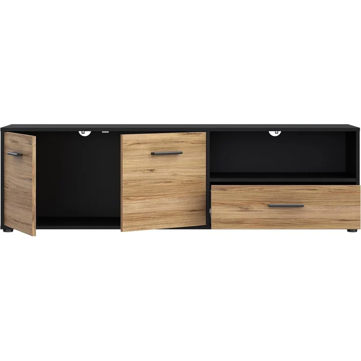 Forte MOKKARO TV-Unterschrank L 160, Lowboard mit Schublade und 2 Schranktüren, Holzwerkstoff, Mauvella Eiche Dekor/Schwarz, 159,4 cm breit, 46,5 cm hoch, 42 cm tief – Bild 4