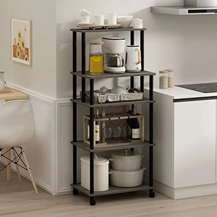 Furinno Turn-N-Tube 5-stufiger werkzeugloser Küchenaufbewahrungswagen, Französische EicheFranzösische Eiche Grau/Schwarz – Bild 3