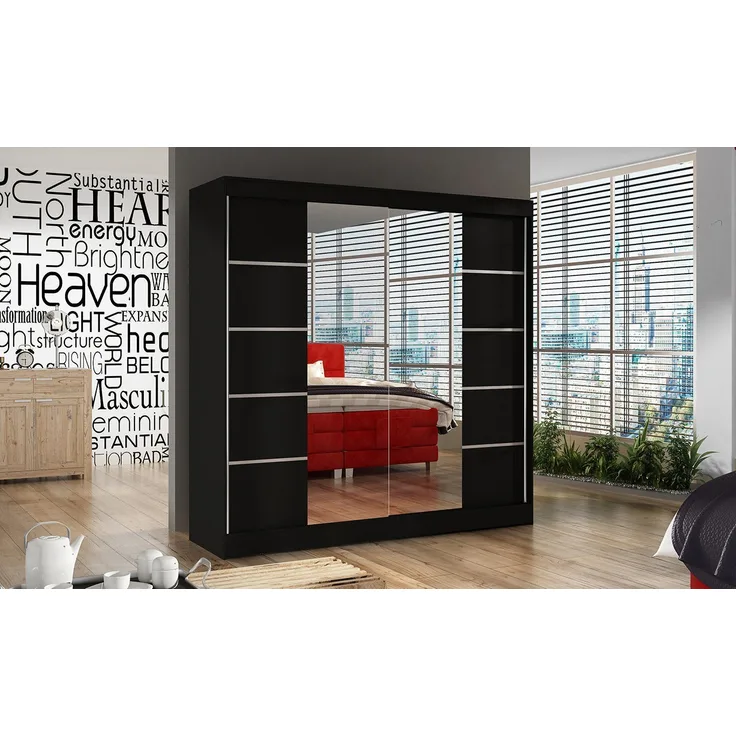 Sofnet Kleiderschrank Basti V (mit Spiegel, Schiebetüren und Kleiderstange) Schwebetürenschrank mit 2 Türen, Schiebetürenschrank - 200x215x58 cm