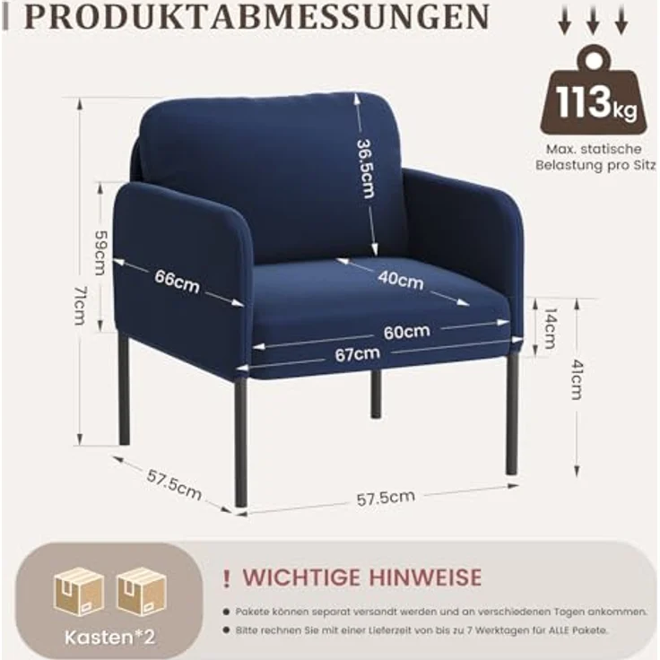 COLAMY Gepolsterter Ohrensessel 2er Set aus Samt – Moderner Lounge-Sessel mit weicher Rückenlehne, Komfortabler Sessel für Wohnzimmer, Schlafzimmer, Apartment & Leseecke, Blau – Bild 3