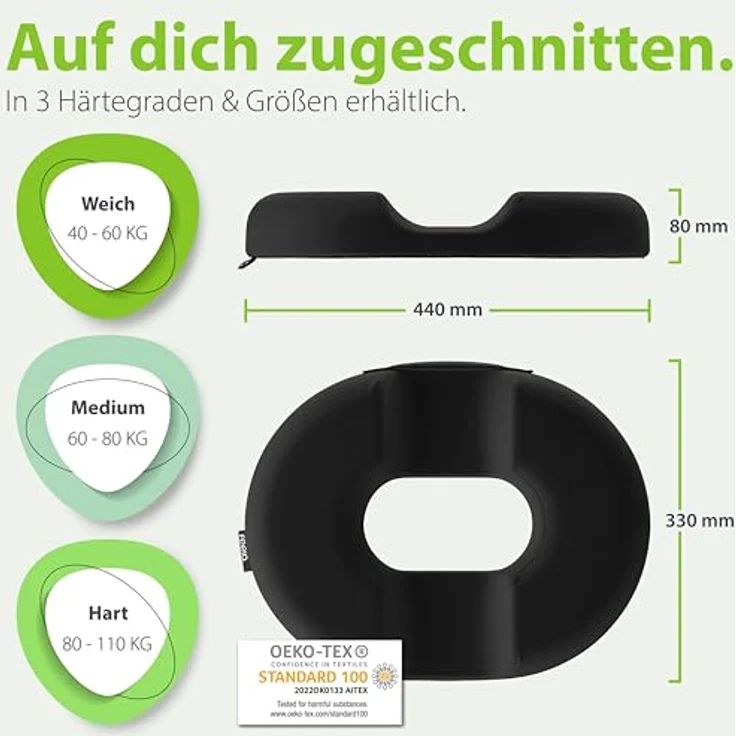 feela.® Orthopädischer Sitzring, Hämorrhoiden Sitzkissen mit Loch, 3 Härtegrade, Hochdichter Memory-Schaum mit Kühlgel-Kern, für gezielte Druckentlastung nach OP & Geburt, (Hart) – Bild 5