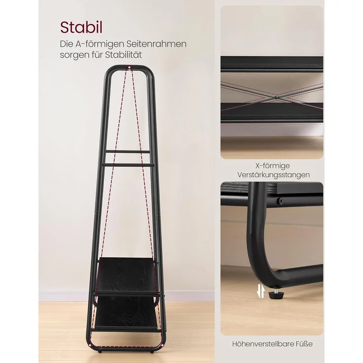 VASAGLE Kleiderständer, Garderobenständer, Garderobe, 2 Ablagen, 6 Haken in S-Form, Stahlgestell, für Schlafzimmer, Flur, Eingangsbereich, ebenholzschwarz-mattschwarz RGR112B03 – Bild 4