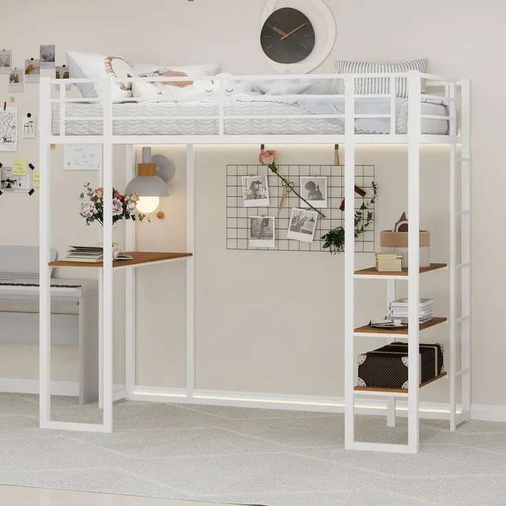 Wohnora-Eisenbettgestell mit Bett und Tisch, Maße 90*190 cm, geeignet für Kinder- und Jugendzimmerbetten, Eisenbettgestell mit Geländer und Treppen, mit Speicherplatz unter dem Bett,Weiß – Bild 3