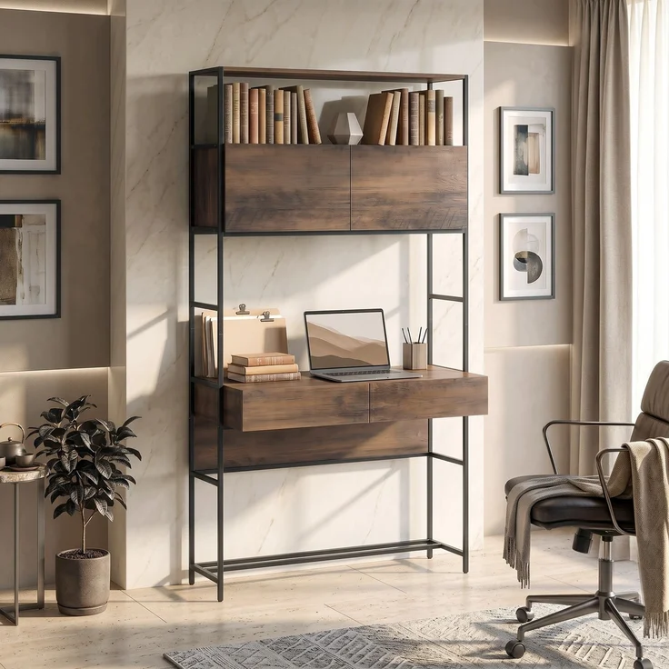 MELAYR, Computertisch mit Regalen und 2 Schubladen für das Home Office, 185 cm hoch, Braun Holzoptik – Bild 3