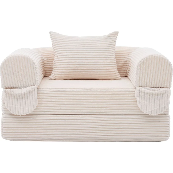 EINHOM Cord Einzel-Schlafsofa Umwandelbar, Multifunktionaler Klappsofa-Bett, Platzsparendes Gästebett aus Hochwertigem Kordstoff, Einzelsessel zum Schlafen für Wohnzimmer, Schlafzimmer, Wohnung, 120 × 85 × 65 cm, Beige – Bild 3