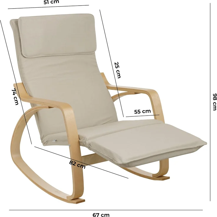 Baroni Home Schaukelstuhl mit Armlehnen aus Holz, ergonomischer Schaukelsessel mit Kopfstütze, 5-Höhen Fußstütze, bis 150 kg, Schlaf- und Wohnzimmer, Beige, 82 x 67 x 98 cm – Bild 3
