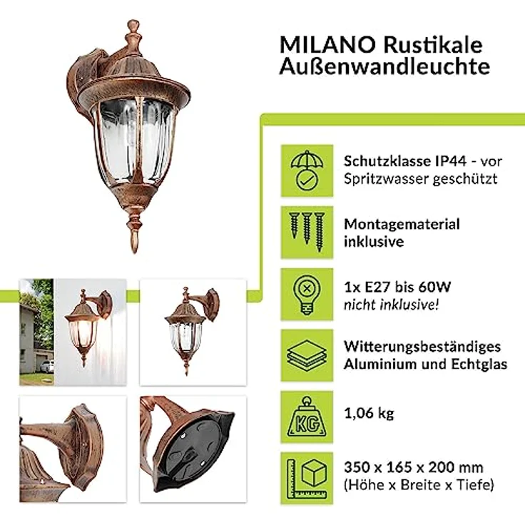 Licht-Erlebnisse Außen-Wandleuchte MILANO, ohne Leuchtmittel, Außenwandlampe Rustikal in Kupfer antik E27 IP44 Außenleuchte – Bild 3