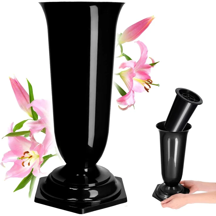 KADAX Vase, Fläschchen, Blumen, Grabstein, Friedhof, Grabstein, Einsatzsockel, Schwarz, 37 cm – Bild 1