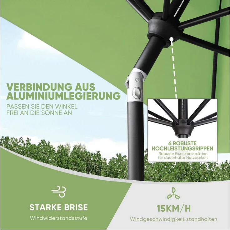 Sekey Sonnenschirm mit Kurbel und UV50+, knickbar, Aluminium apfelgrün, 210 x 140 cm – Bild 3