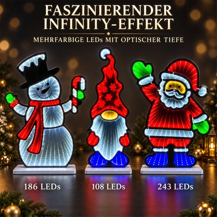 LED Infinity Spiegel 3er-Set Weihnachtsmann, Schneemann, Wichtel mit Timer – Bild 8