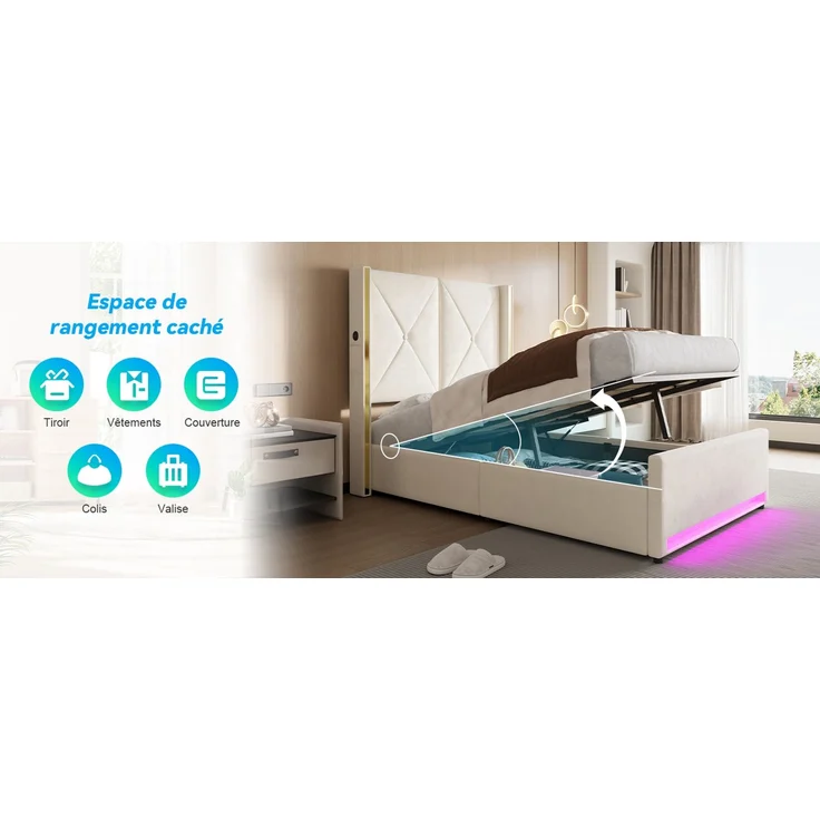 TavilaEcon Boxspringbett Veloursbett mit hohem Kopfteil, Seitentaschen & USB beige Liegefläche 90 × 200 cm – Bild 2
