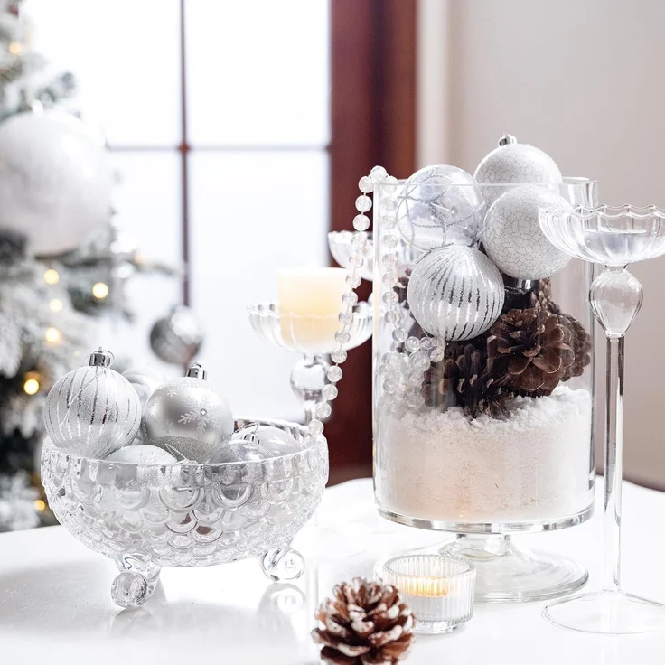 9x 6cm Transparente Christbaumkugeln Silber Weiß inkl. Aufhänger – Bild 3