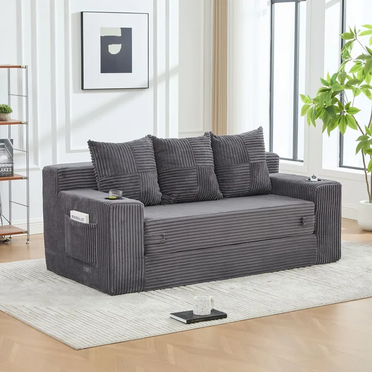 EINHOM Dreier-Sofa aus Baumwoll- und Leinenstoff, mit Getränkehalter und seitlichen Taschen, kann in drei Sitzplätze umgewandelt werden, rahmenloser Design mit gestrickten Kissen und Rückenlehne, großes Sitz