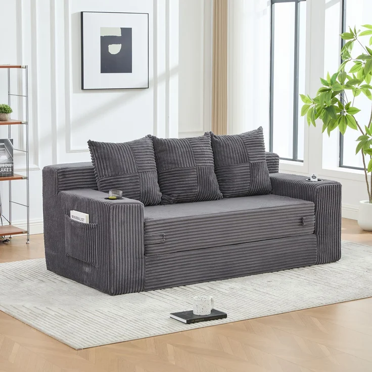 EINHOM Dreier-Sofa aus Baumwoll- und Leinenstoff, mit Getränkehalter und seitlichen Taschen, kann in drei Sitzplätze umgewandelt werden, rahmenloser Design mit gestrickten Kissen und Rückenlehne, großes Sitz – Bild 1