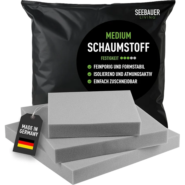 SEEBAUER Living Schaumstoff MEDIUM RG 35/40 (Mittelfest) 50 x 50 x 12 cm Schaumstoffplatte für Polster und Sitzkissen, Polsterschaumstoff als Zuschnitt für Sitzpolster – Bild 1