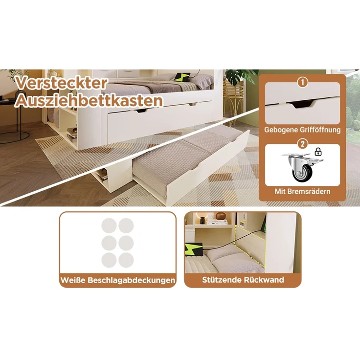TavilaEcon Stauraumbett Holzbett mit Ausziehbett, 8 Staufächern & USB-/Type-C-Ladeanschlüssen weiß Liegefläche 140 × 200 cm – Bild 9