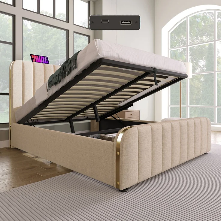 Polsterbett 140x200 cm Beige mit Kopfteil,USB Typ-C Ladeanschluss & hydraulischem Stauraum,Metallrahmen mit goldenen Akzenten – Bild 3