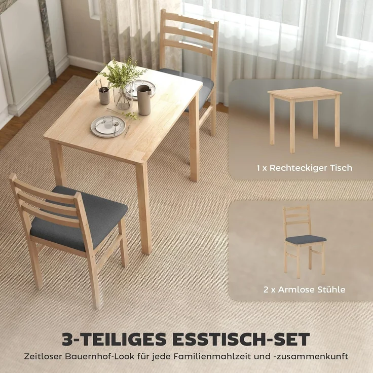 HOMCOM Essgruppe Esstisch mit 2 Stühlen Platzsparend Esszimmergruppe, (Sitzgruppe, 3-tlg, Küchentisch mit gepolsterten Essstühlen), für kleine Raum, Esszimmer, Küche, Naturholz – Bild 3