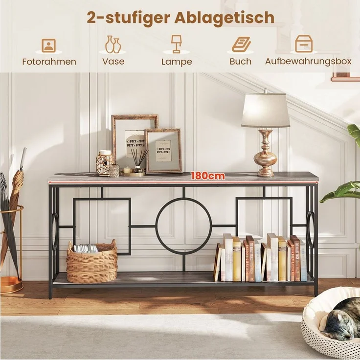 COSTWAY Konsolentisch, schmal, 180cm, Flurtisch mit 2 Ebenen, Metallgestell – Bild 2