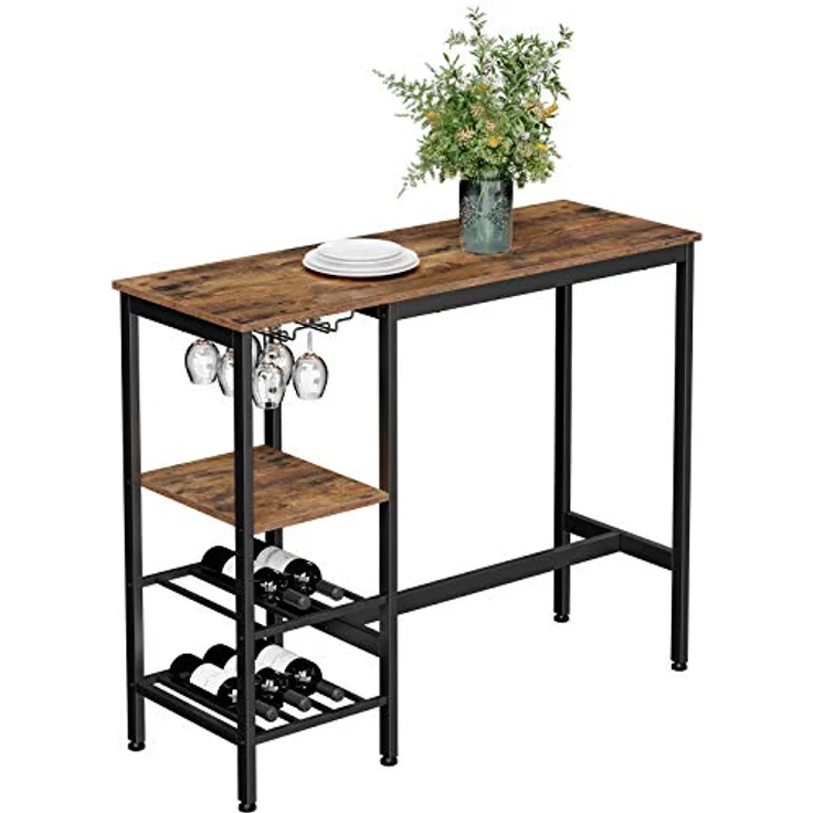 Vasagle Bartisch, 110 x 40 x 90 cm, mit Halterungen für Weingläser und Flaschen, Vintagebraun/Schwarz LBT013B01 – Bild 9