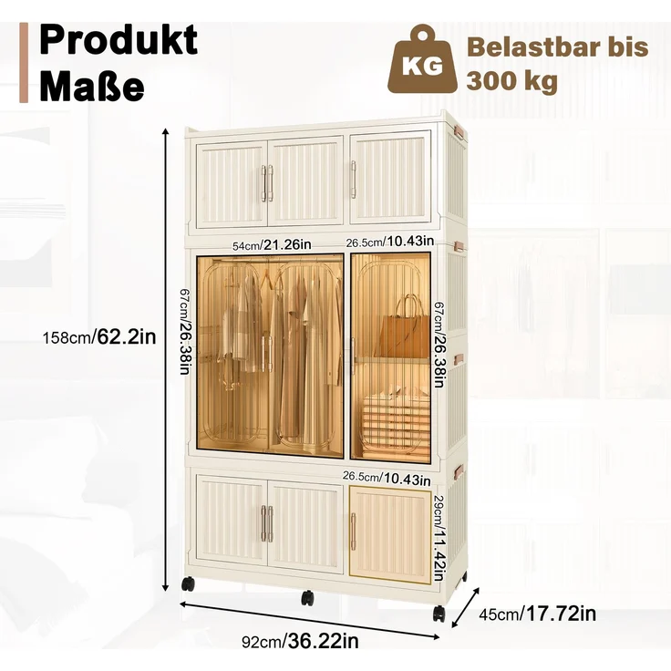 Faltbarer Kleiderschrank aus Polypropylen in Cremeweiß mit 9 Magnettüren und Rollen,H 158 x T 92 x B 45 cm – Bild 5