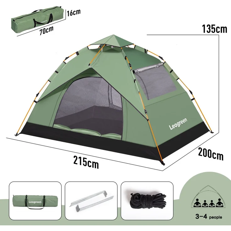 Leogreen Camping Zelt Automatik Kuppelzelt 3-4 Personen, Wurfzelt Sofortzelt Pop Up Strandzelt mit Moskitonetz, Familie Kuppelzelt Wasserdicht Winddicht, Wurfzelt Tunnelzelt Quick Up Zelt – Bild 4