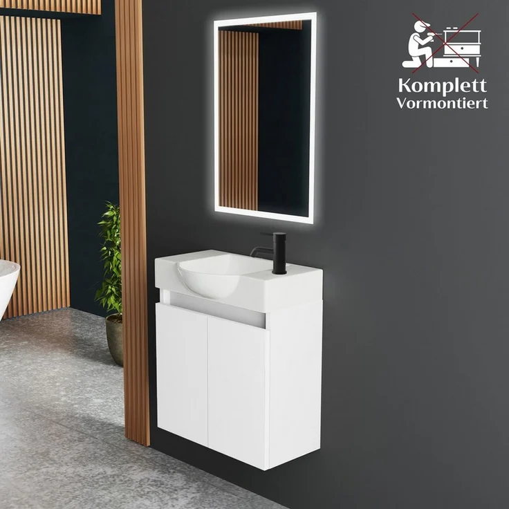 Alpenberger Badmöbel-Set mit Spiegel - Waschtisch mit Unterschrank + Badspiegel mit Beleuchtung, (Badezimmerschrank mit Waschbecken, 3-tlg. Badezimmermöbel), Waschbeckenunterschrank - Weiss Glänzend – Bild 2