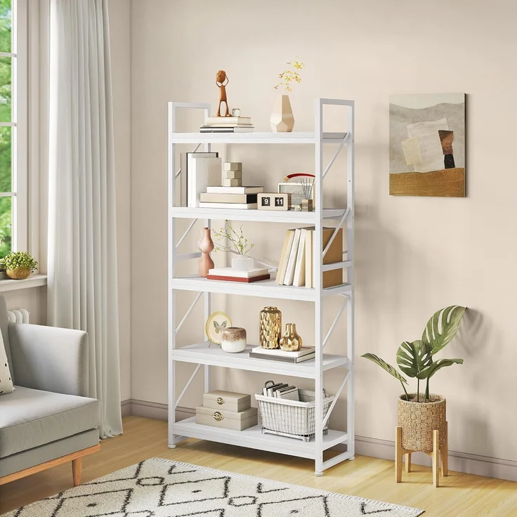 YITAHOME Bücherregal mit 5 Ebenen, Großes Standregal, Holzregal und Metallrahmen, Industrieregal, Bodenstehendes Lagerregal, für Wohnzimmer, Home Office, Weiß Regal – Bild 1