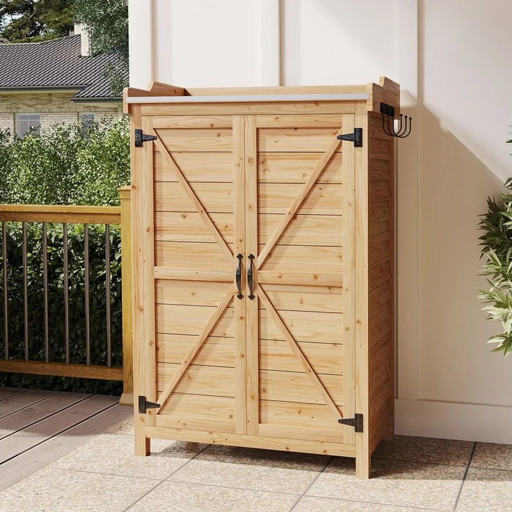 AOXUN Garten-Geräteschrank mit verstellbaren Fächern & Seitenhaken, BxT: 64x40 cm, (1 St), Gartenschrank Holz mit Pflanztisch, Doppeltür, 64x40x95 cm – Bild 3