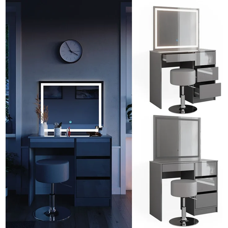 Schminktisch Sherry Grau 90 cm mit LED Spiegel und Hocker Vicco – Bild 2