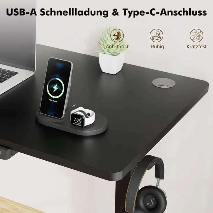 HOMAVO höhenverstellbarer Schreibtisch 70×140 cm, mit Memory- und Anti-Kollisionsfunktion, USB-A- und USB-C-Anschlüssen, Höhe 70–120 cm, Schwarz – Bild 5