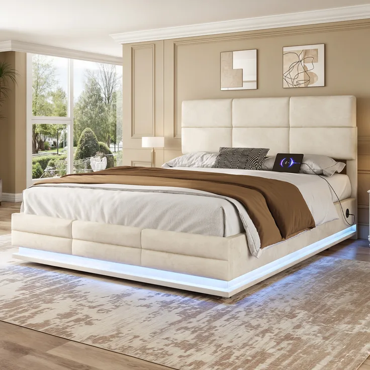 LVHOM Boxbett 160x200cm Bettgestell, Polsterbett/Doppelbett/Stauraumbett, Samtstoff, Integriertes Hydrauliksystem, LED-Leuchten in 16 Farben, Seitlicher USB-Ladeanschluss