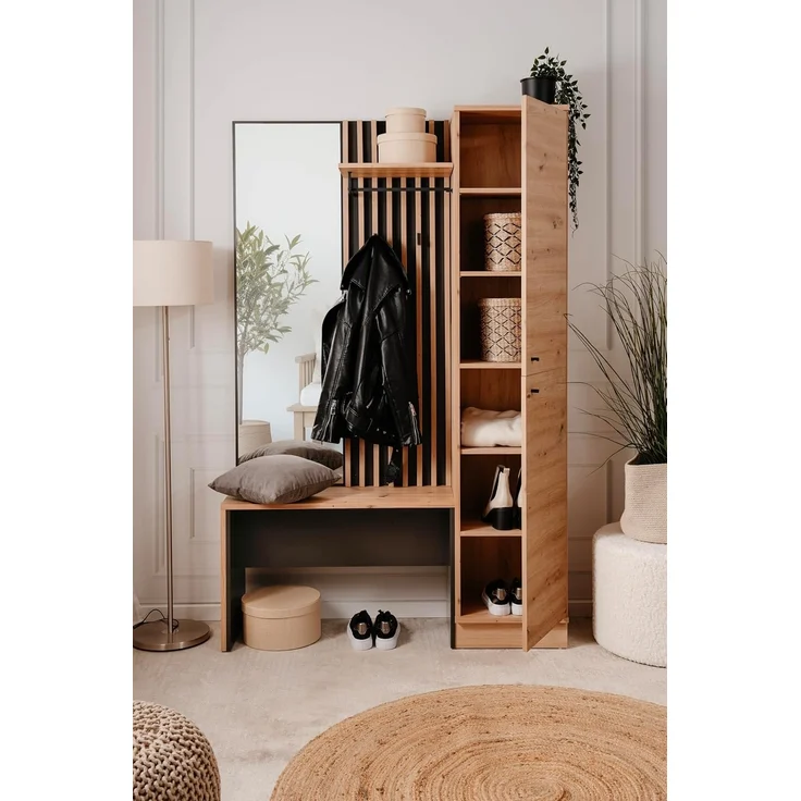 Finori Medan 42B Kompaktgarderobe, Dekor Artisan Oak / anthrazit | Kompaktgarderobe für Flur | Maß: B x H x T ca. 122 x 190 x 37 cm | Kompaktgarderobe mit 2 Türen, Spiegel, Hutablage, Kleiderstange, Bank und 2 Haken – Bild 9