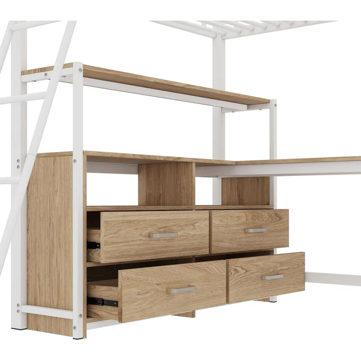 EINHOM Hochbett, 140 x 200 cm, Eisenrahmenbett, Praktische Schubladen, Stilvoller L-förmiger Schreibtisch, Laminatdesign, Weiß (Ohne Matratze) – Bild 4