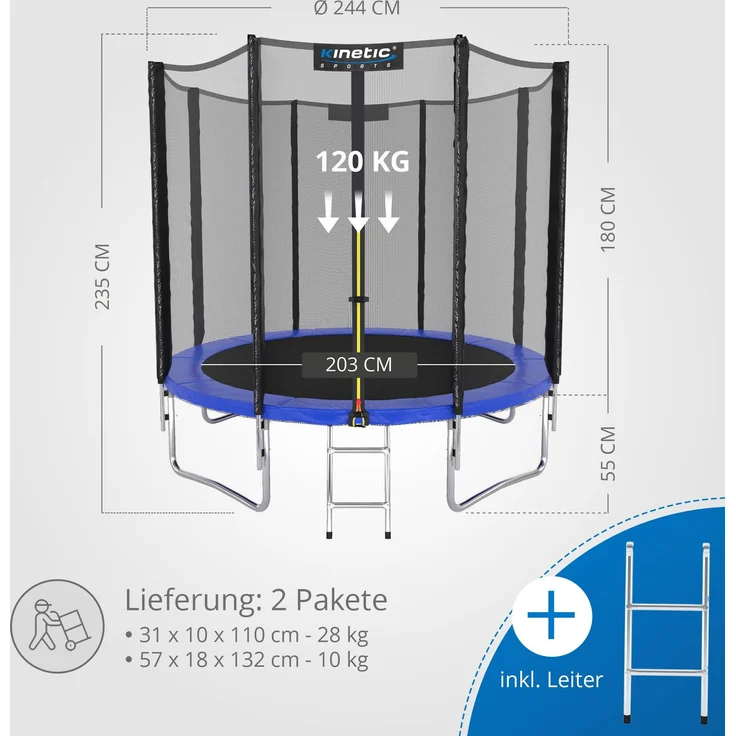 KINETIC SPORTS Trampolin Outdoor SALTO - Kindertrampolin Gartentrampolin Set mit Leiter, Netz, Randpolster, USA Sprungtuch, bis zu 160kg, Blau, Ø 244 cm – Bild 7