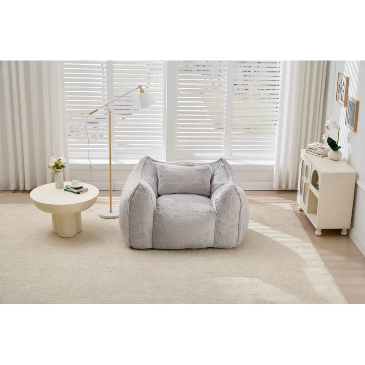 Großer Sitzsack-Sessel mit Kunstfellbezug und Kissen, weicher Loungesitz mit Schaumstoffflocken ohne Montage für Wohnzimmer, Grau – Bild 18