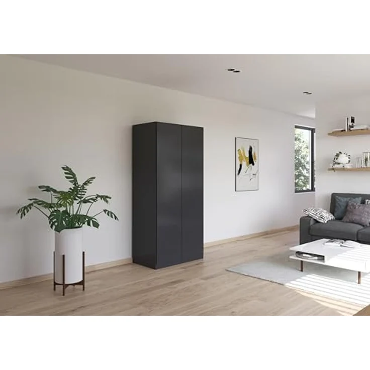 Rauch Möbel Costa, Kleiderschrank für Schlafzimmer, Kinderzimmer, Babyzimmer, Garderobe, Flur, 2-türig, Push-to-Open, mit Zubehör Classic, Farbe Grau metallic, Schwarz, Breite 91 cm – Bild 2