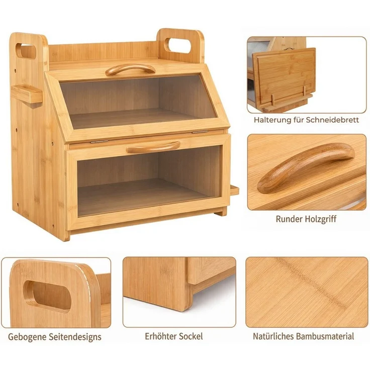 PFCTART Brotkasten Brotkasten XXL 38x28x39 cm – Großer Brotkasten aus Bambus, Bambus und Holz, (Set, 1-tlg, Für Brot, Baguette, Brötchen & Snacks – einfache Montage), 2 Etagen, Sichtfenster, Werkzeugablage & Messerhalter – Bild 4