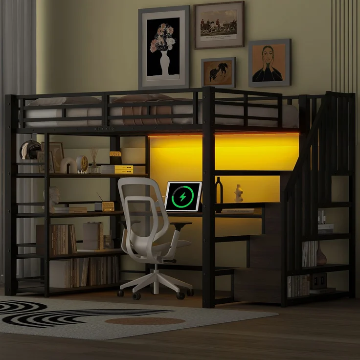 EINHOM 140 x 200 cm Metall-Hochbett mit Treppe, Integriertem Schreibtisch, Staufächern, USB-Ladestation und LED-Licht, Schwarz (Ohne Matratze) – Bild 1